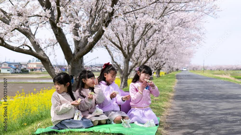 ピクニックをする小学生の女の子たち ピクニックをする小学生の女の子たち