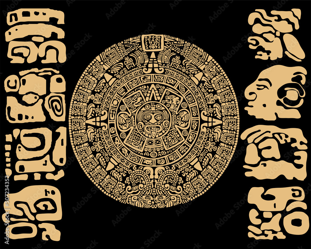 Maya Aztec Inca Calender Ancient Mayan calendar. Vector illustration on black background. Mayan ...