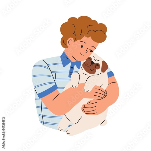 Happy child holding cute little dog on arms. Kid caring about puppy of pug breed. Love and friendship of boy and doggy. Pet owner and pup friends. Flat vector illustration isolated on white background