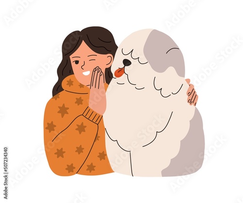 Happy child hugging big bob-tailed dog. Pet owner kid and doggy friend. Love and friendship of girl and cute shaggy fluffy canine animal . Flat vector illustration isolated on white background