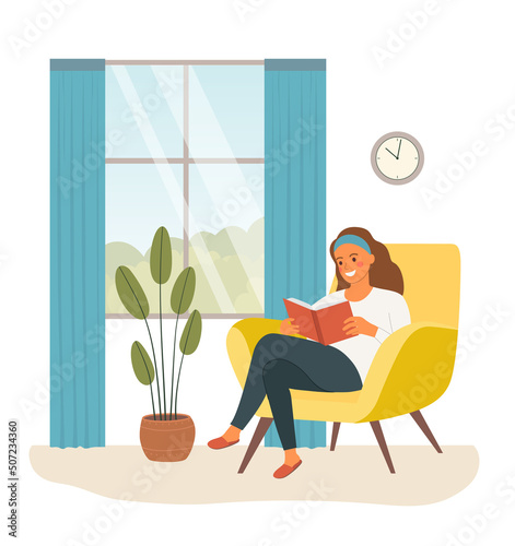 Young woman relaxing on chair reading book by the window. Vector flat illustration