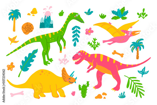 Bright set of dinosaurs and plants on white background in hand drawn style  vector childrens flat illustration