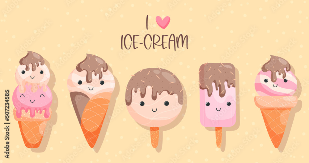 Collection of cute ice-cream characters with text I love ice-cream. Vector illustration in flat style for for banners, postcards, posters etc. Collection of cute ice-cream characters with text I love ice-cream. Vector illustration in flat style for for banners, postcards, posters etc.