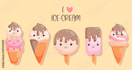 Collection of cute ice-cream characters with text I love ice-cream. Vector illustration in flat style for for banners, postcards, posters etc.