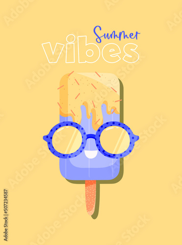 Summer poster with happy character - cute ice cream with text Summer vibes. Vector illustration in flat style.