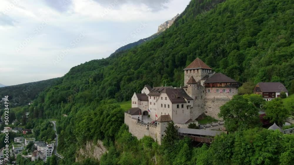 Aerial shot of Vaduz castle in capital of Principality of Liechtenstein, Europe Aerial shot of Vaduz castle in capital of Principality of Liechtenstein, Europe