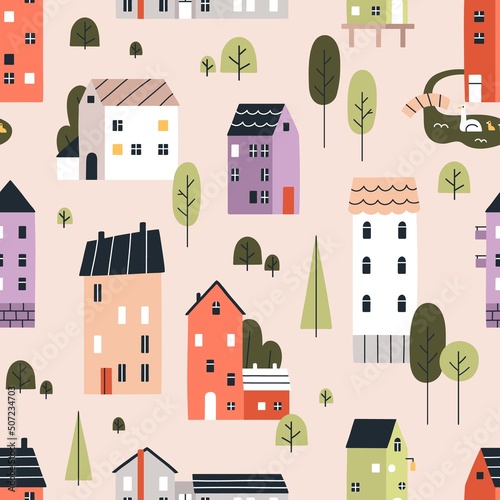 Seamless Scandinavian town pattern. Endless background with cute small houses, trees. Repeating print of sweet homes in Nordic Scandi style. Repeatable texture. Colored flat vector illustration