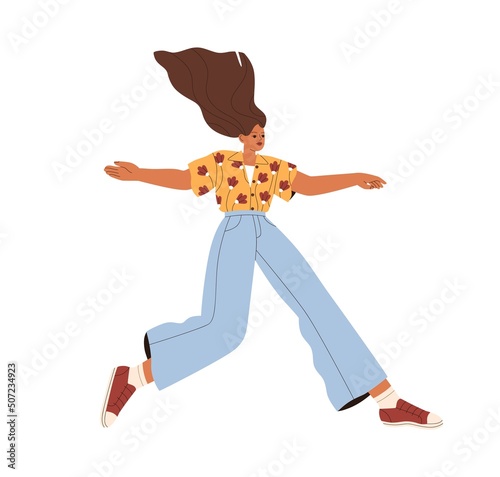 Relaxed woman jumping, flying with ease. Girl floating in weightlessness with hair up from wind. Carefree person feeling freedom, lightness. Flat vector illustration isolated on white background
