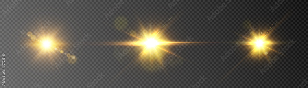 Light gold flash starlight png. Light sunlight. Shimmering glare on a transparent background. Vector