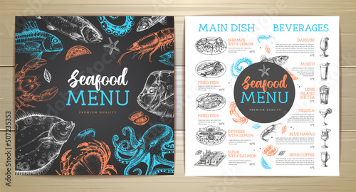 Chalk drawing seafood restaurant menu design with hand drawing fish. Vector illustration