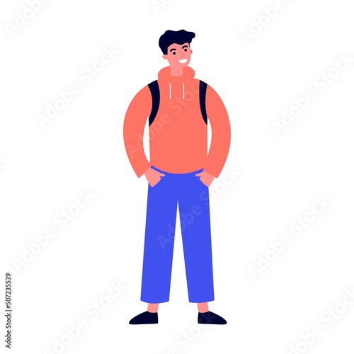 College student with books and backpacks standing together. Teen girls and guys meeting and talking. Vector illustration