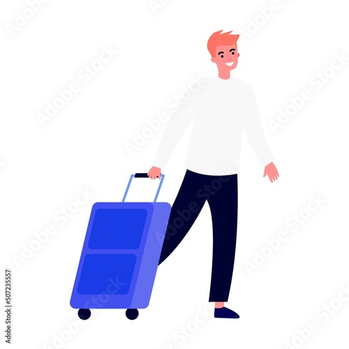 Young tourist with suitcase flat vector illustration. Group of people travelling abroad. Family with bags going from airport