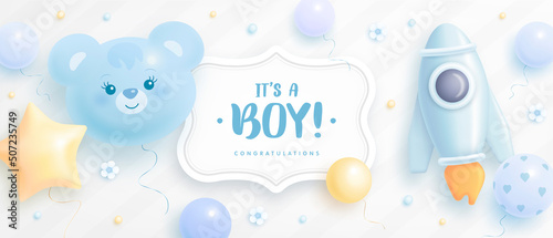 Fotografiet Baby shower horizontal banner with cartoon bear head, hot air balloon, helium balloons and clouds on light background