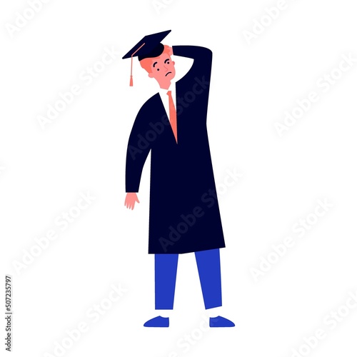Puzzled student making choice about his future career path flat vector illustration. Young guy choosing college and needing guide from advisor