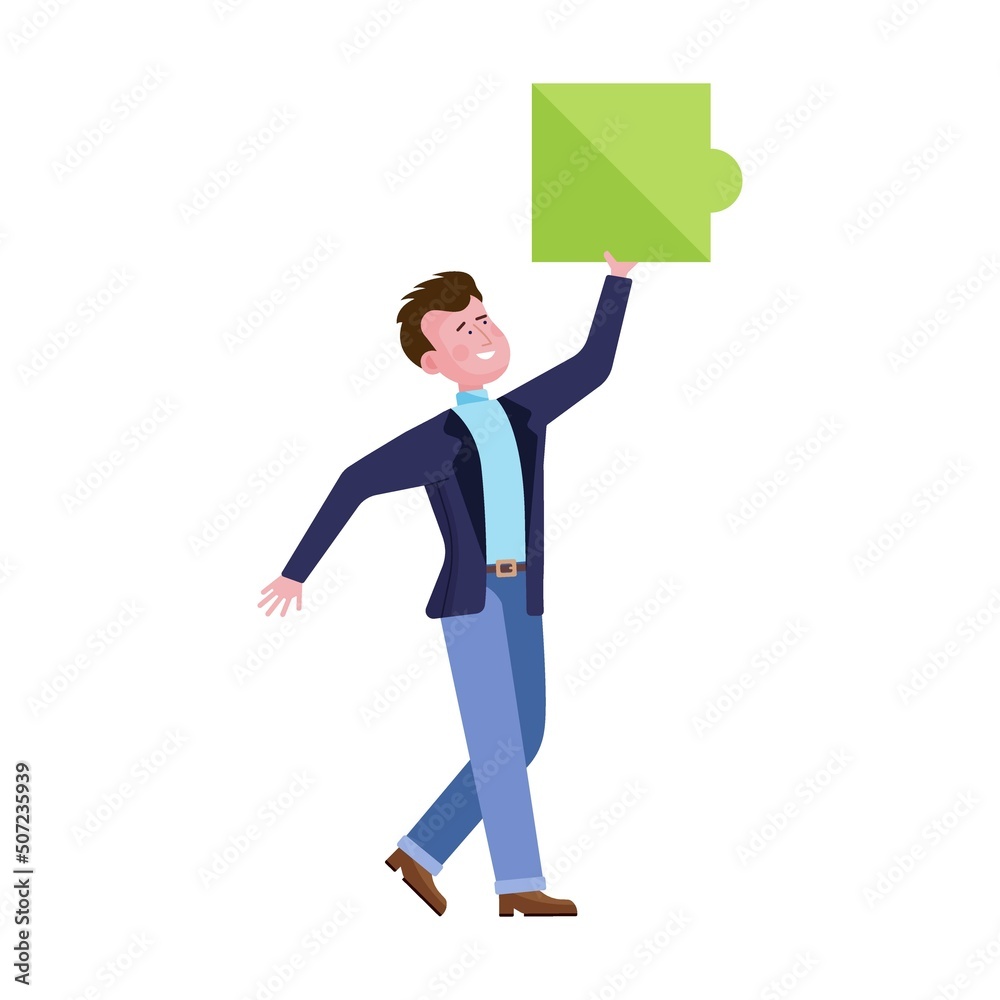 Man connecting puzzle pieces flat vector illustration. Teamwork, celebration, unity concept for banner
