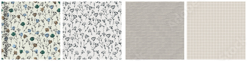Seamless patterns set with hand drawn meadow flowers in Ditsy style. Colorful illustrations for surface design and other design projects