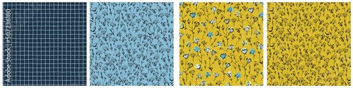 Seamless patterns set with hand drawn meadow flowers in Ditsy style. Colorful illustrations for surface design and other design projects