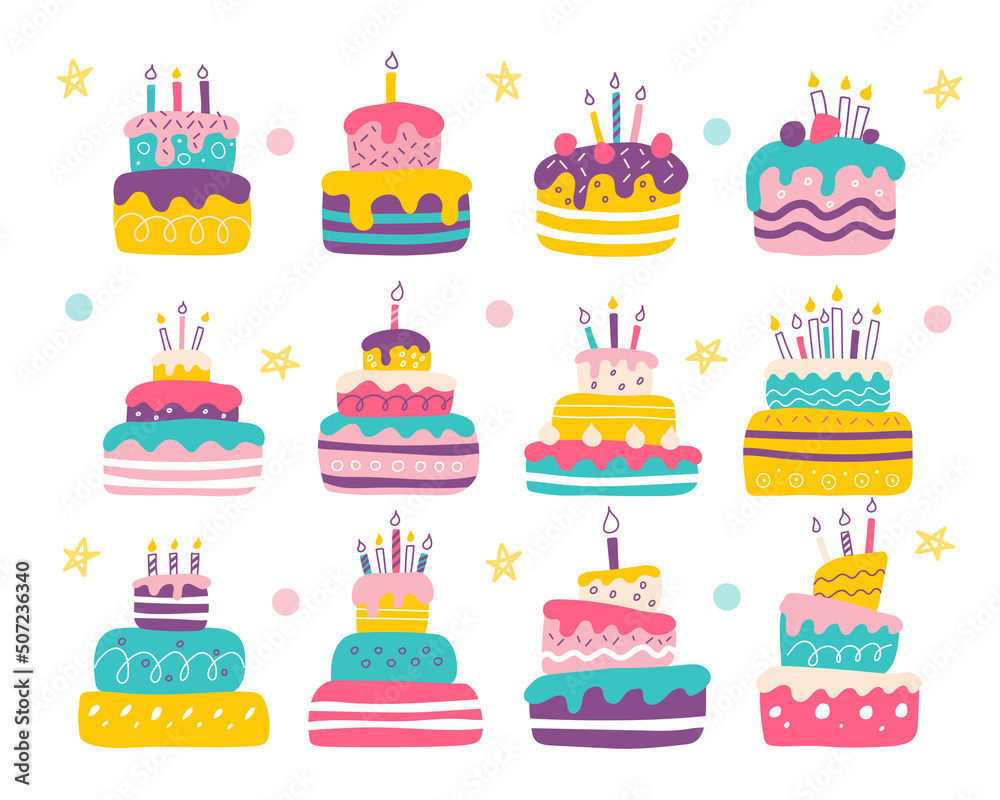 Set of bright colorful cakes on white background in the style of flat doodles. Vector illustration. The decor of the childrens room, posters, postcards, clothes and interior items Set of bright colorful cakes on white background in the style of flat doodles. Vector illustration. The decor of the childrens room, posters, postcards, clothes and interior items