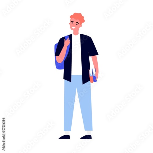College boy student with books and backpacks standing together. Teen girls and guys meeting and talking. Vector illustration