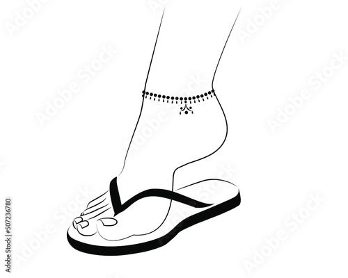 Beautiful Woman Feet wearing Sandals and Anklet line drawing isolated on white background - vector illustration