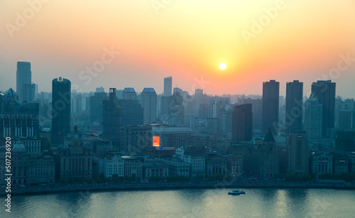 The Bund and skyline at sunset Shanghai China