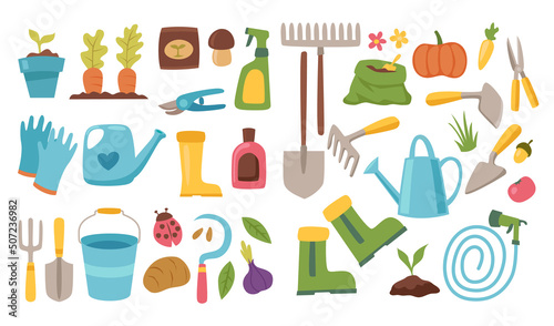 Hand drawn doodle set of Gardening icons Elements Tools or Equipments, Vector illustration set. scissors, boots, hedge, shears, hedge shears, fork, rake, grass, watering can, wheelbarrow.