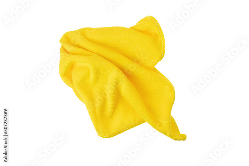 Yellow microfiber cloth for cleaning various surfaces, isolated on white background.