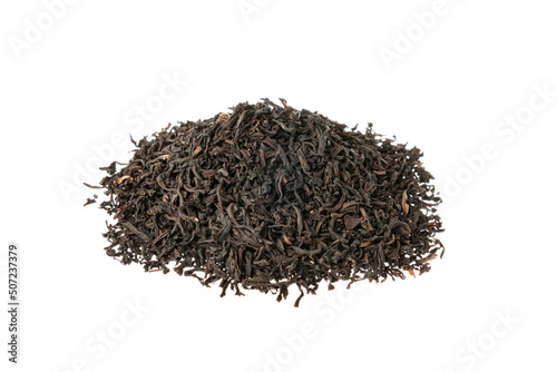 Heap of dry black tea leaves isolated on white background.