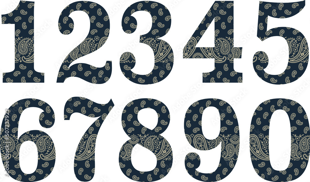 Font numbers set with paisley bandana vector elements background