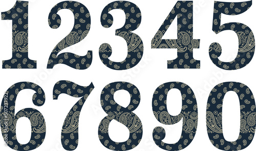 Font numbers set with paisley bandana vector elements background
