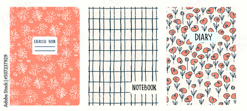 Set of cover page templates based on patterns with anemone, poppy flowers in Ditzy style and gridlines. Backgrounds for notebooks, notepads, diaries. Headers isolated and replaceable