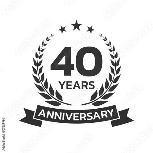 40 years anniversary laurel wreath logo or icon. Jubilee, birthday badge, label or emblem. 40th celebration design element. Vector illustration.