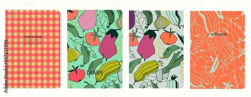 Set of cover page templates with hand drawn stylized vegetables. Based on seamless patterns. Headers isolated and replaceable. Perfect for school notebooks, notepads, diaries, etc