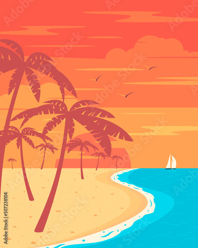 Tropical beach with palm tree. Sun on evening sea. 
