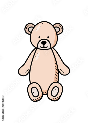 Teddy bear plush cartoon. Vector illustration stuffed bear toy for children. Doodle style.