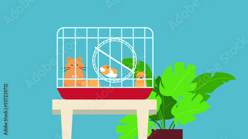 Family of hamsters sitting in a cage
