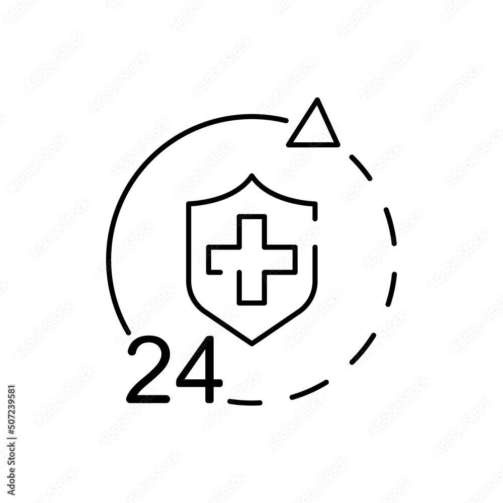 Obraz premium Medical insurance policy concept logo, medicine card, check up clip board, suite of services, vector line icon. Emergency. Save and protect