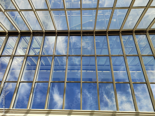 Skylight or glass sunroof ceiling of a building. glass ceiling with window. The shopping center  business center. Modern design architecture  or energy conservation model using nature sunlight concept