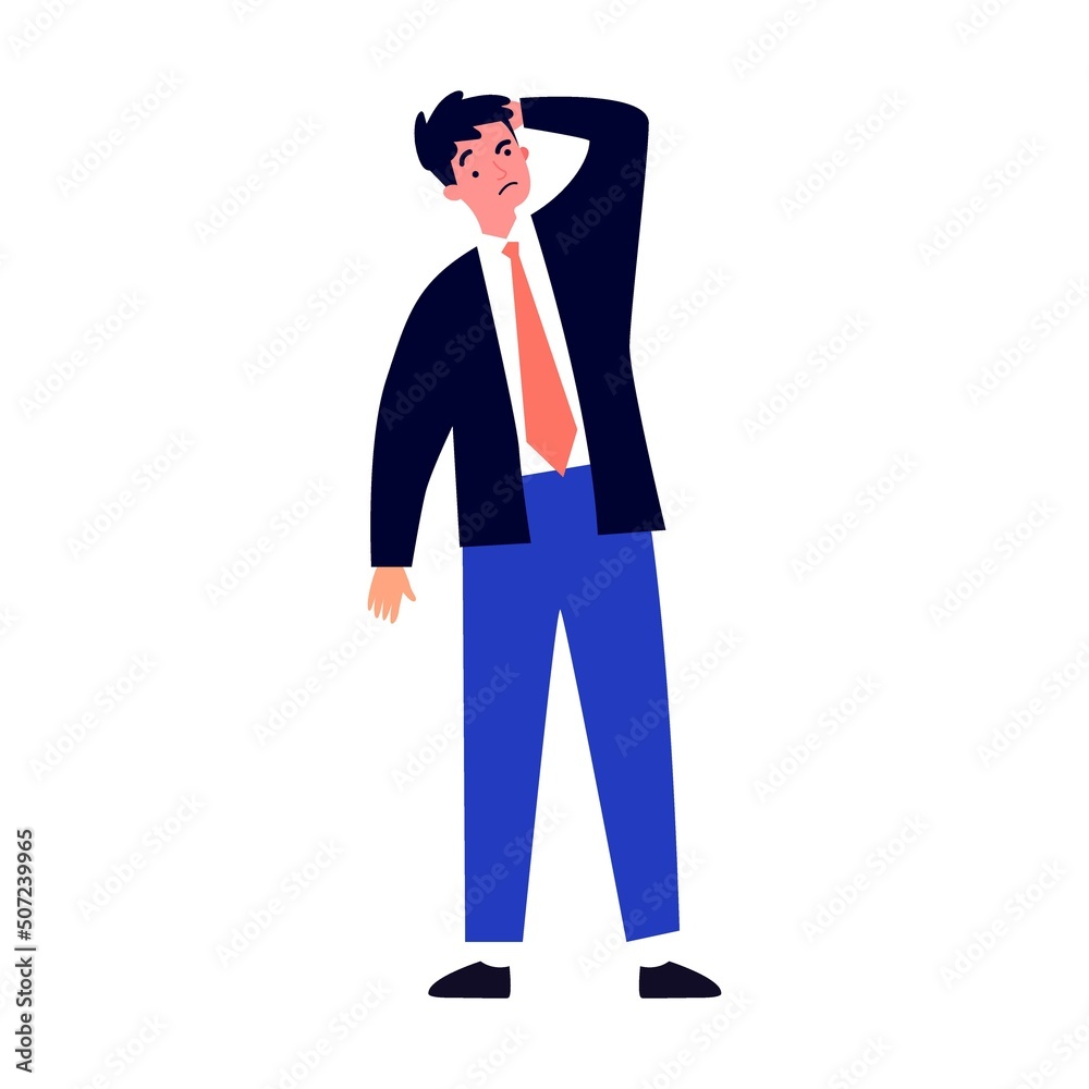 Confused business man asking questions. Puzzled cartoon characters searching answers and problem solution near big question mark Confused business man asking questions. Puzzled cartoon characters searching answers and problem solution near big question mark
