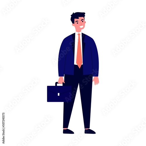 Man with business briefcase in hand. Business people with laptop working at cash and equal sign. Vector illustration for social respect, discrimination