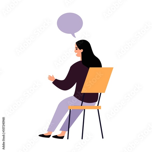 Girl suffering from problems, attending psychological support meeting. Patients sitting in circle, talking. Vector illustration therapy concept