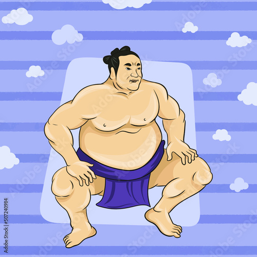 Sumo Wrestler standing in crouch stance. Side angle with background. Japanese Sport.