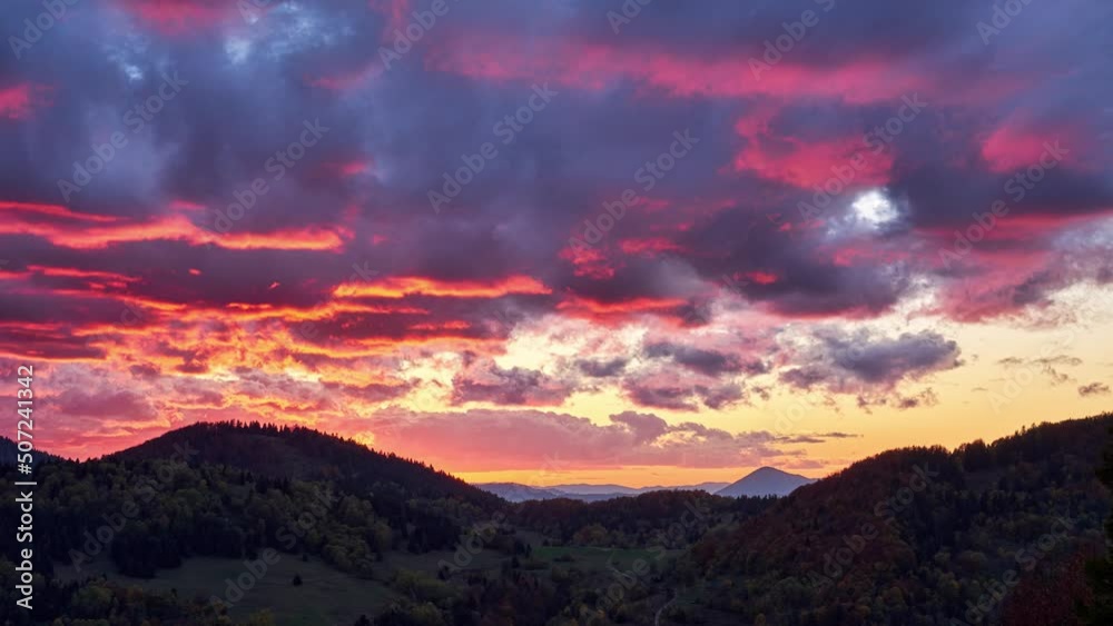Epic red clouds at sunset, autumn forest landscape. Epic red clouds at sunset, autumn forest landscape.