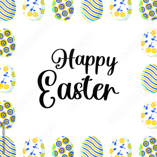 Happy Easter. Stylish trendy square postcard with cute painted eggs in blue and yellow colors in a modern design on a white background. Vector.