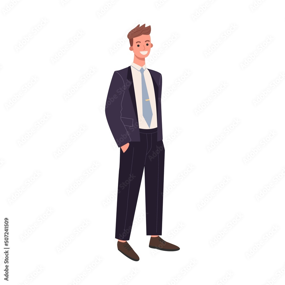 Classical male suits. Man wearing ties and jackets of different colors and styles flat vector illustration Classical male suits. Man wearing ties and jackets of different colors and styles flat vector illustration