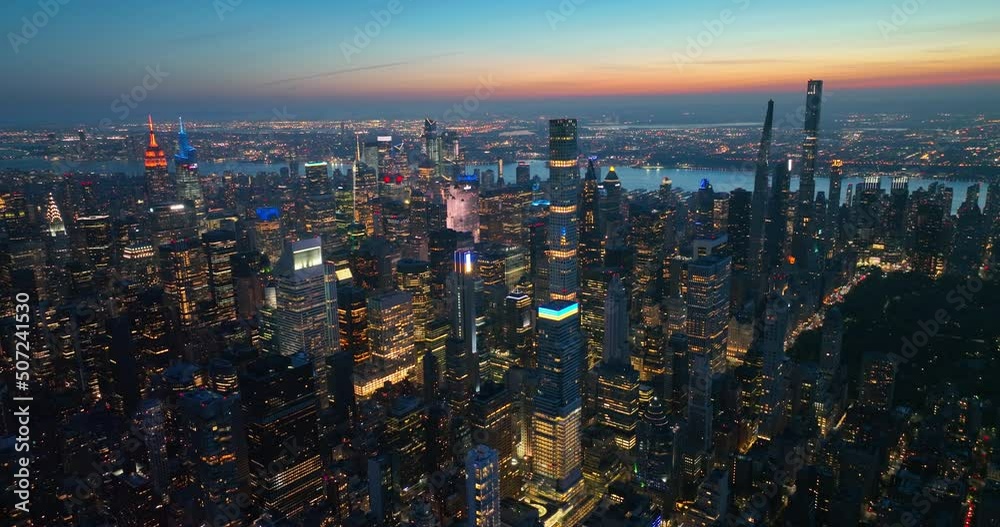 Billions of lights in the scenery of huge metropolis. Stunning New York panorama from aerial perspective.