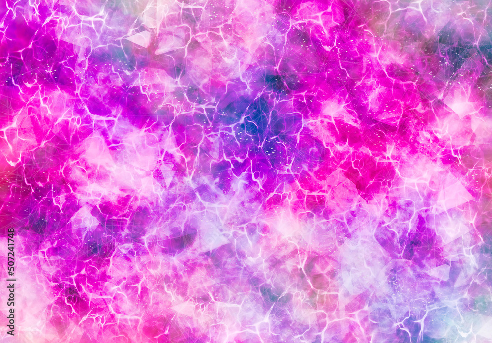 Bright pink and purple abstract lightning lines and shapes, with dust particles scattered in different areas.