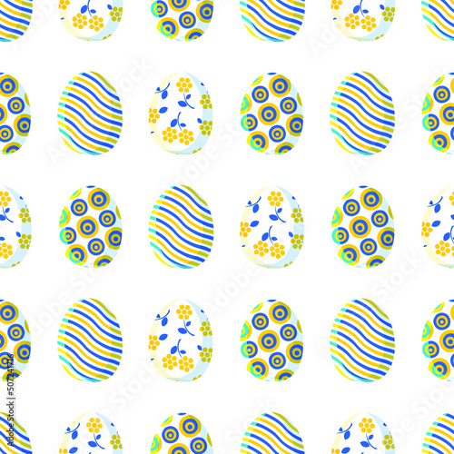Happy easter. Seamless pattern with cute painted eggs in blue and yellow colors for fashion textiles, decorative fabrics. Vector.