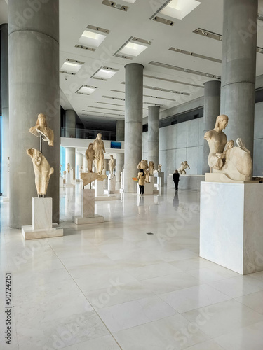 ATHENS, GREECE, 12 DECEMBER 2021 Interior of the modern Acropolis Museum with ancient greek findings