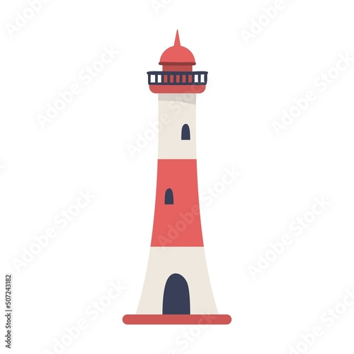 Coastal lighthouse. Cute underwater animals, sea robbers cartoon illustration. Ship with anchor, crab, octopus, childish captain character on white background